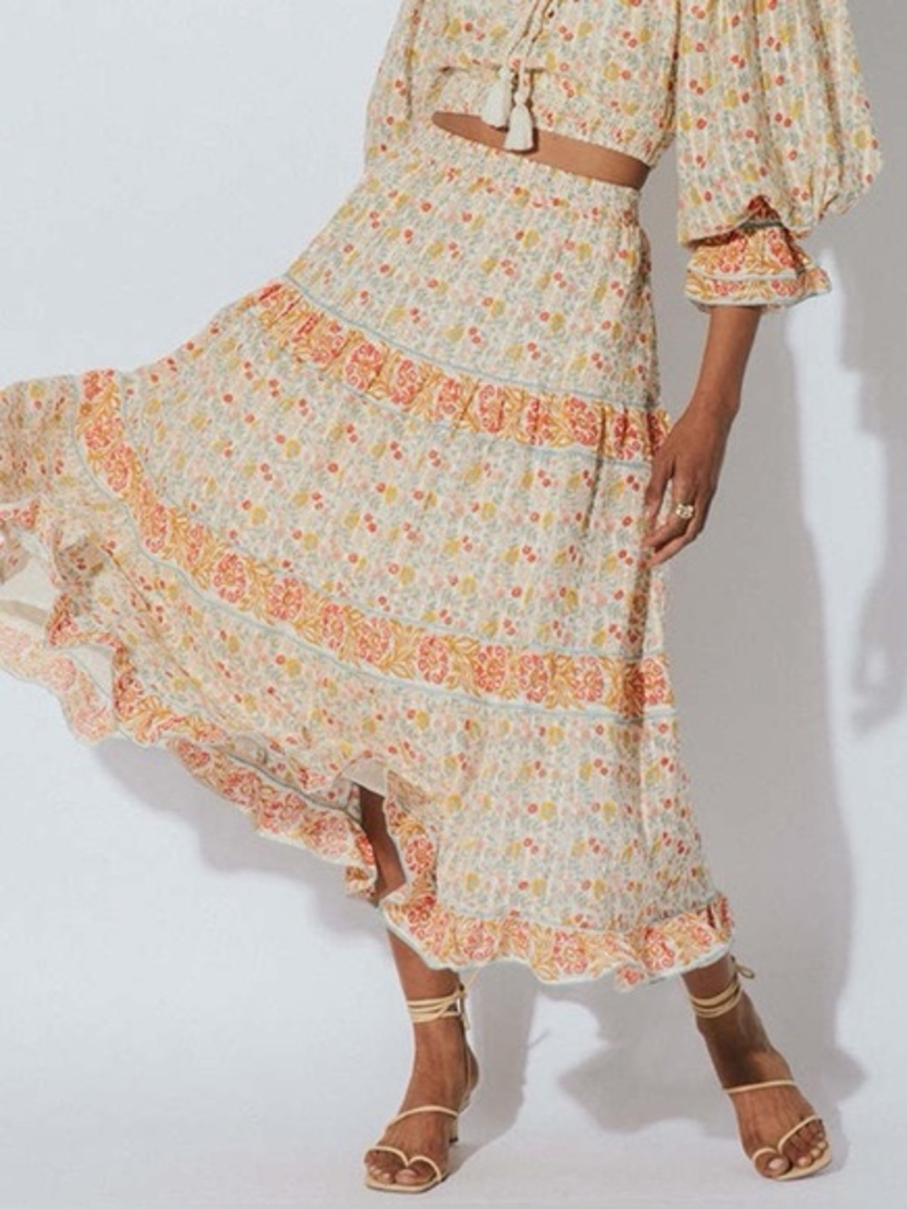 Cleobella 100% Organic Cotton Multicolor Cream Floral Border Rosa Midi Skirt